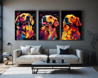 Golden Retriever Pop Art Canvas Wall Art Print  Colorful Dog Portrait for Living Room, Office or Pet Lover Gift Fun Modern Animal Home Decor
