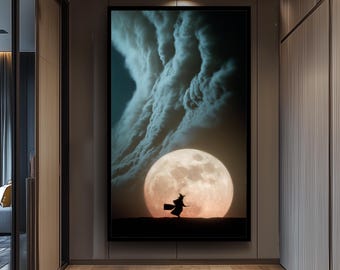 Witch Standing Before Glowing Full Moon Mystical Halloween Wall Art for Witchcore Aesthetic, Spooky Decor and Magical Wall Display Color Art
