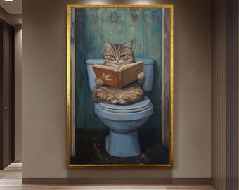 Funny Cat Bathroom Wall Art, Gray Tabby Reading Painting, Quirky Toilet Humor Canvas Print, Whimsical Feline Decor, Unique Restroom Artwork