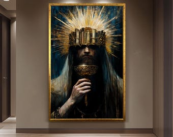 Dark Gothic Wall Art, Surreal Portrait Art, Regal Figure with Book Crown and Chalice, Mysterious Royal Portrait, Royal Portrait Wall Art
