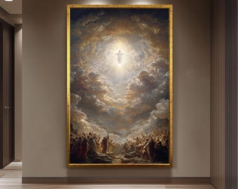 May include: A large framed painting depicting a religious scene. A figure is illuminated in a bright light, surrounded by clouds. Below, a crowd of people with raised arms are gathered on a rocky landscape.