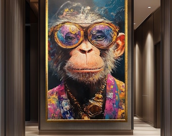 Funky Monkey Canvas Art Print, Surreal Chimp Portrait, Jungle