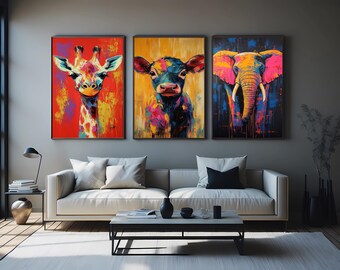 Colorful Animal Portrait Canvas Art Set: Cow, Elephant, Giraffe