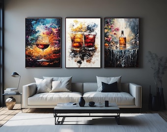Abstract Whiskey and Wine Canvas Print Set: Bar Decor