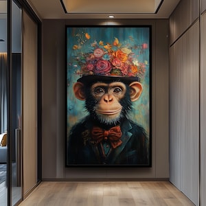 Surreal Monkey Wall Art with Floral Hat and Bow Tie – Whimsical Chimp Portrait in Suit – Colorful Animal Canvas for Creative Interiors