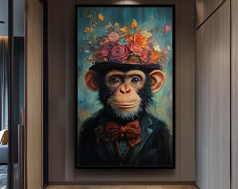 Surreal Monkey Wall Art with Floral Hat and Bow Tie – Whimsical Chimp Portrait in Suit – Colorful Animal Canvas for Creative Interiors