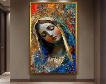 Abstract Virgin Mary Wall Art with Gold Halo and Blue Robe, Colorful Spiritual Canvas Print, Modern Catholic Christian Home Decor Virgin Art