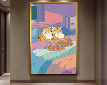 Two Cute Tigers Eating Pizza in Bed Retro 80s Style Pastel Illustration  Funny Whimsical Animal Wall Art for Bedroom or Dorm Decor Tiger Art
