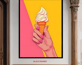 Pop Art Ice Cream Cone Print with Pink Manicure and Bright Yellow Background for Fun Summer Kitchen or Modern Wall Decor Pop Wall Art Canvas