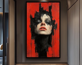Dark Surreal Portrait Wall Art of Woman with Black Paint Tears on Red Background | Emotional Gothic Expressionist Painting Print, Dark Print