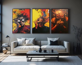 Surreal Expressionist Canvas Art Set of 3, Modern Abstract Wall Decor, Emotional Faces Painting, Unique Living Room Art Prints