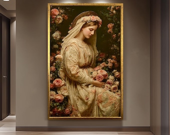 Vintage Virgin Mary Wall Art Catholic Canvas Print With Rose Crown Holy Mother In Embroidered Robe Surrounded By Blush Floral Garden