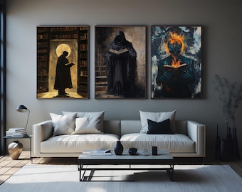 Gothic Dark Academia Wall Art Set of 3 Hooded Figure Reading Book Burning Skull Occult Library Decor Mysterious Shadowy Print Set Gothic Art