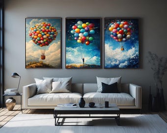 Whimsical Balloon Canvas Print Set: Child & Hot Air Balloon Wall Art