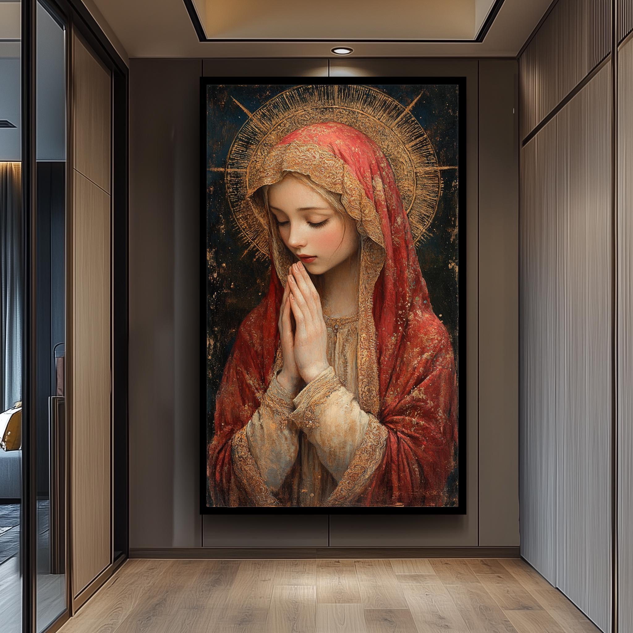 Antique Virgin Mary Painting With Golden Halo and Red Veil, Catholic ...