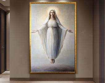 Elegant Virgin Mary Wall Art with Radiant Halo and Flowing White Robe, Spiritual Christian Canvas Print for Sacred Home or Chapel Decor