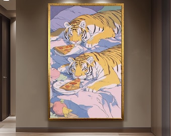 Whimsical Tigers in Bed Enjoying Pizza  Dreamy Pastel Illustration with Playful Retro 80s Aesthetic, Cozy Big Cat Wall Art Tiger Wall Print