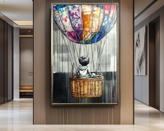 Graffiti Hot Air Balloon Painting, Urban Street Art Style, Hand Painted Child Adventure Canvas, Whimsical Wall Decor, Modern Art Gift