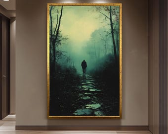 Mysterious Figure in Foggy Forest, Moody Atmospheric Artwork, Dark Aesthetic Wall Art, Solitary Man Walking, Vintage Noir Landscape Print