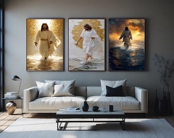 3 Piece Jesus Christ Walking on Water Wall Art – Golden Halo, Sunset Ocean Scene, and Divine Light Christian Canvas Prints  Jesus Print