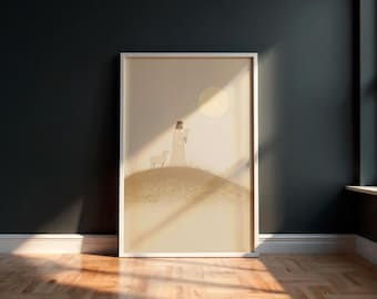 Jesus with Lamb Pastoral Scene Christian Minimalist Wall Art Faithful Shepherd Print Beige Modern Spiritual Decor for Home or Church