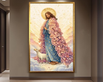 Jesus Christ Art Print in Pastel Storybook Style with Pink Floral Robe and Lamb Christian Wall Decor for Nursery or Prayer Room Jesus Canvas