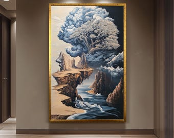 Surreal Landscape Wall Art of Woman’s Face Formed by Cliffs with Ocean Waves and Tree Crown in Dreamlike Clouds | Fantasy Nature Print