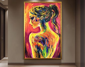 Colorful Abstract Wall Art of Woman in Vibrant Brushstrokes and Bold Hues | Expressive Modern Portrait with Neon Paint Texture, Woman Canvas