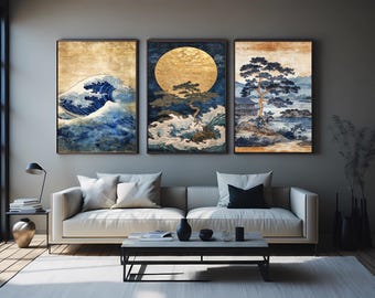 Japanese Landscape and Wave Wall Art Set of 3 Traditional Blue and Gold Paintings with Pine Trees, Ocean Waves and Nature Scenes Surreal Art