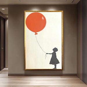 Banksy Girl with Balloon Wall Art Print, Minimalist Street Art Poster, Modern Graffiti Canvas, Black and Red Balloon Silhouette Decor