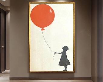 Banksy Girl with Balloon Wall Art Print, Minimalist Street Art Poster, Modern Graffiti Canvas, Black and Red Balloon Silhouette Decor