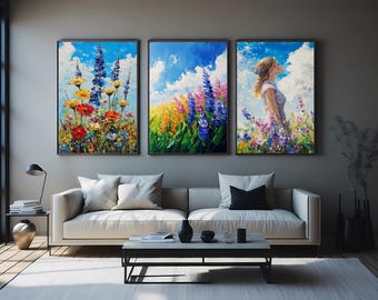 Impressionist Wildflower Garden Oil Painting Set: Floral Landscape Canvas Wall Art
