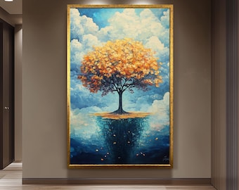 Surreal Tree Painting With Autumn Leaves And Cloudy Sky, Fantasy Landscape Art Print For Dreamy Nature Inspired Wall Decor Tree Wall Decor