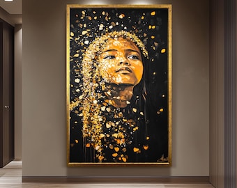 Golden Girl Wall Art - Black and Gold Portrait Painting - Abstract Feminine Canvas Print  Women Modern Home Decor - Women Wall Decor