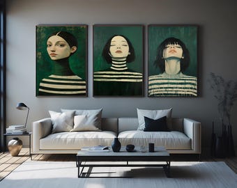 Mystic Royal Wall Art Set of 3 – Surreal Figures with Book Crowns and Golden Chalices in Dark Divine Gothic Fantasy Style Queen Wall Art