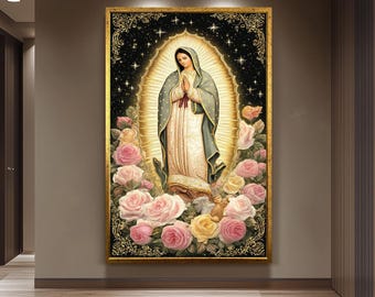 Impression sur toile Notre-Dame de Guadalupe sur tout le corps avec un ange entouré de roses douces et de lumière dorée sur fond étoilé Art mural catholique