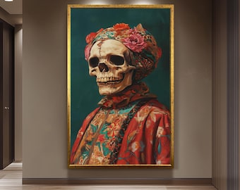Surreal Skull Portrait Art in Vibrant Floral Clothing and Headwrap | Colorful Day of the Dead Inspired Skeleton Painting Print, Skull Art