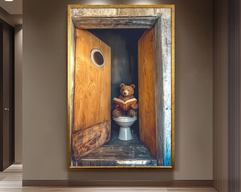 Funny Bear Bathroom Wall Art - Rustic Woodland Decor - Quirky Animal Toilet Print - Cabin Aesthetic Wall Poster, Animal Funny Poster
