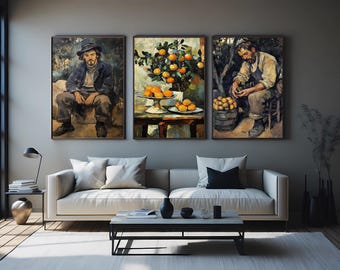 Vintage Still Life Oil Painting Set: Oranges, Rustic Man Portrait