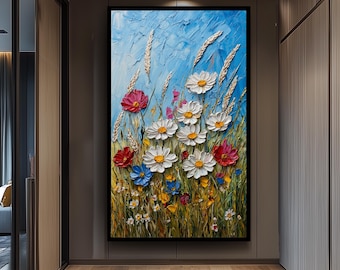 Impasto Wildflower Field Wall Art, Textured Floral Painting with Daisies and Poppies, Bright Spring Meadow Artwork for Rustic Home Decor