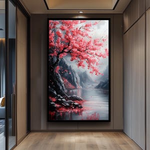 Japanese Cherry Blossom Painting, Tranquil Sakura Landscape Art, Sakura Wall Art Nature Canvas, Textured Floral Wall Decor, Zen Home Gift