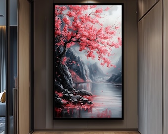 Japanese Cherry Blossom Painting, Tranquil Sakura Landscape Art, Sakura Wall Art Nature Canvas, Textured Floral Wall Decor, Zen Home Gift