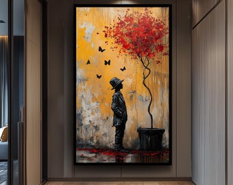 Surreal Banksy Style Street Art Print Boy and Red Tree Painting Graffiti Wall Artwork Urban Fantasy Modern Emotional Silhouette Decor
