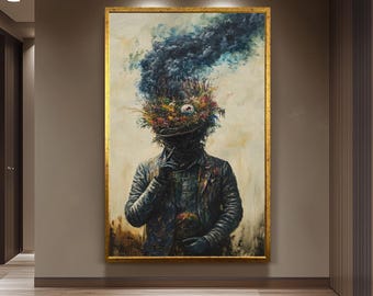 Dark Surreal Wall Art of Mysterious Figure with Flower Garden and Eyeball in Head Emitting Smoke | Fantasy Horror Symbolism Print, Man Print