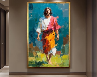 May include: An oil painting of a figure in white, red, and orange robes, set against a blue and green background. The artwork is framed in a gold-colored ornate frame, and the figure is walking forward. The painting is displayed in a modern interior setting.