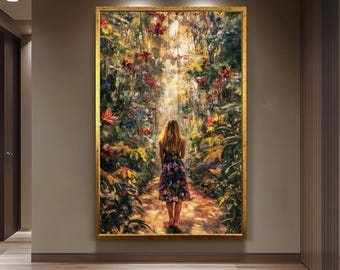 Romantic Woman in Floral Dress Walking Through Enchanted Garden Oil Painting, Nature Wall Art for Whimsical Home Decor Peaceful Nature Decor