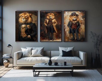 Vintage Lion Gentleman Portrait Canvas Wall Art Retro Animal Suit Artwork for Office, Study or Living Room Unique Gift  Classic Art Lovers