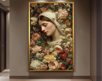 Vintage Virgin Mary Floral Wall Art Catholic Canvas Print With Roses Holy Mother Surrounded By Garden Blooms Elegant Religious Decor