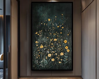 Dark Green Wildflower Meadow Wall Art Print, Delicate Yellow Floral Field Painting, Moody Botanical Artwork for Rustic or Cottagecore Decor