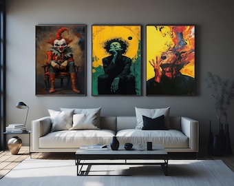 Surreal Horror Art Set: Abstract Figure, Scream Portrait, Red Clown Canvas Prints
